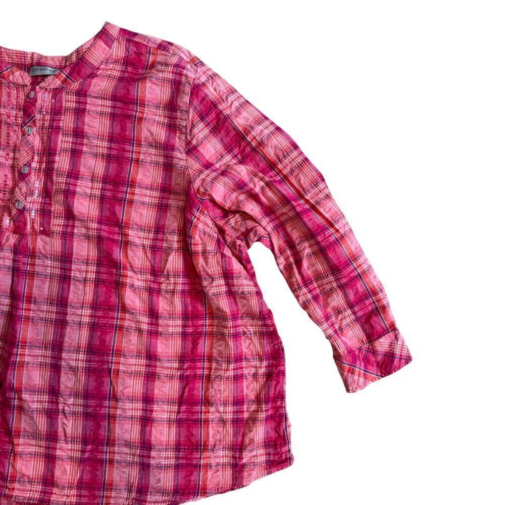 Catherine's Pink Plaid Top Womens Plus 3X Seersucker Long Sleeve Half Button - Picture 4 of 8